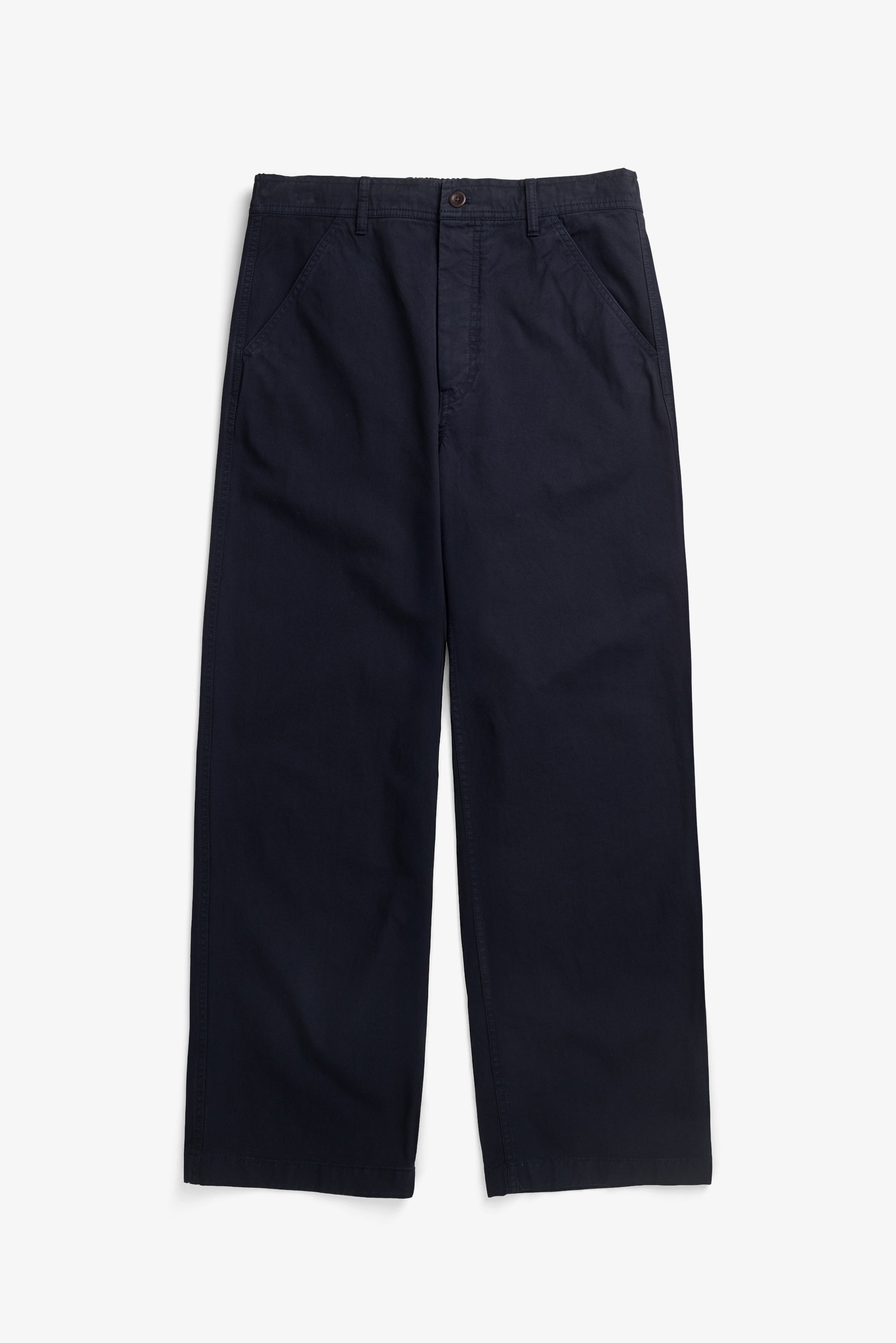 Pantalon en sergé de coton décontracté - Un pantalon élastiqué à la coupe décontractée, avec une jambe large, confectionné en sergé léger et teint en pièce pour une couleur riche